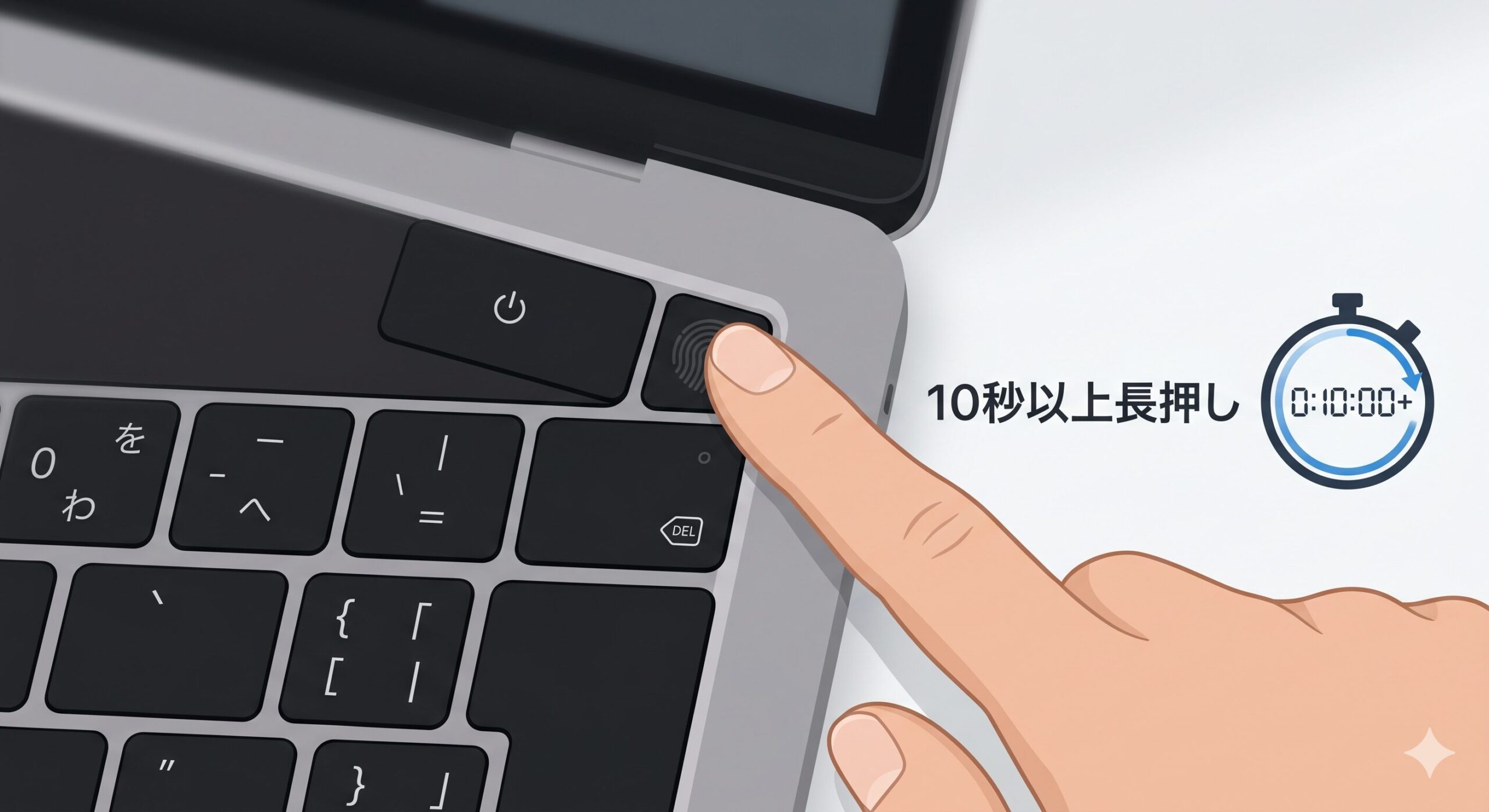 Macの電源ボタンを長押しして強制再起動する手順の図解。