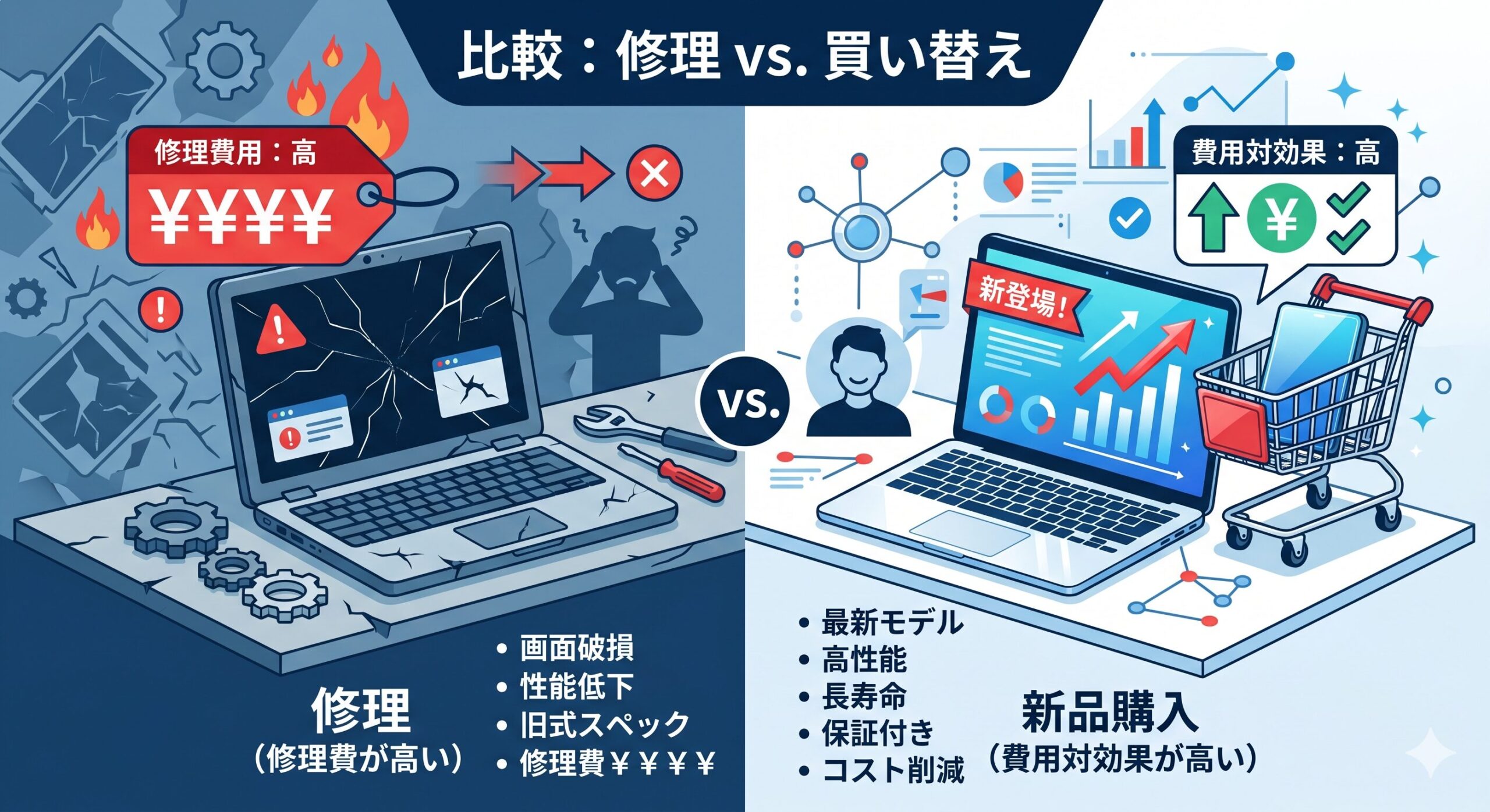 古いMacの修理費用と最新Mac買い替えのコスト比較図