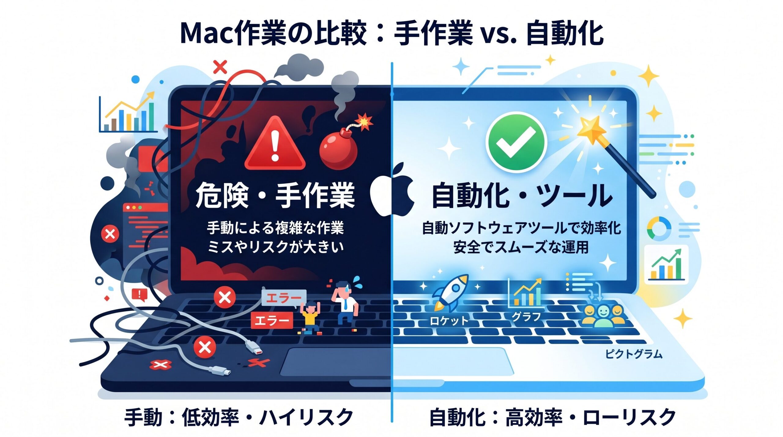 Macのシステムデータ削除方法の比較図：リスクのある手動削除と安全なクリーナーソフトの違い